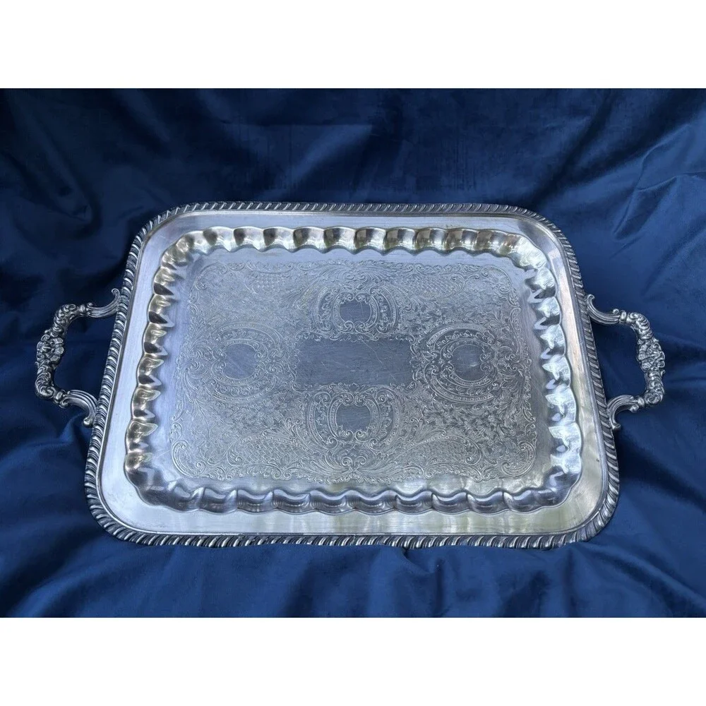 Vintage F.B. Rogers Silver Co 1460 Silver on Copper Serving Tray wOrnate Handles